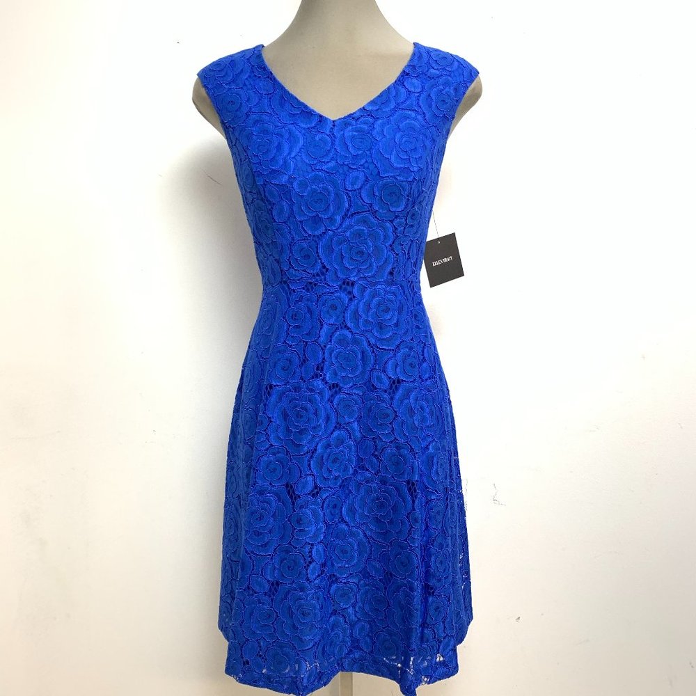 Ellen Tracy NWT Modern COBALT BLUE V Neck Lace Fit &Flare Dress
